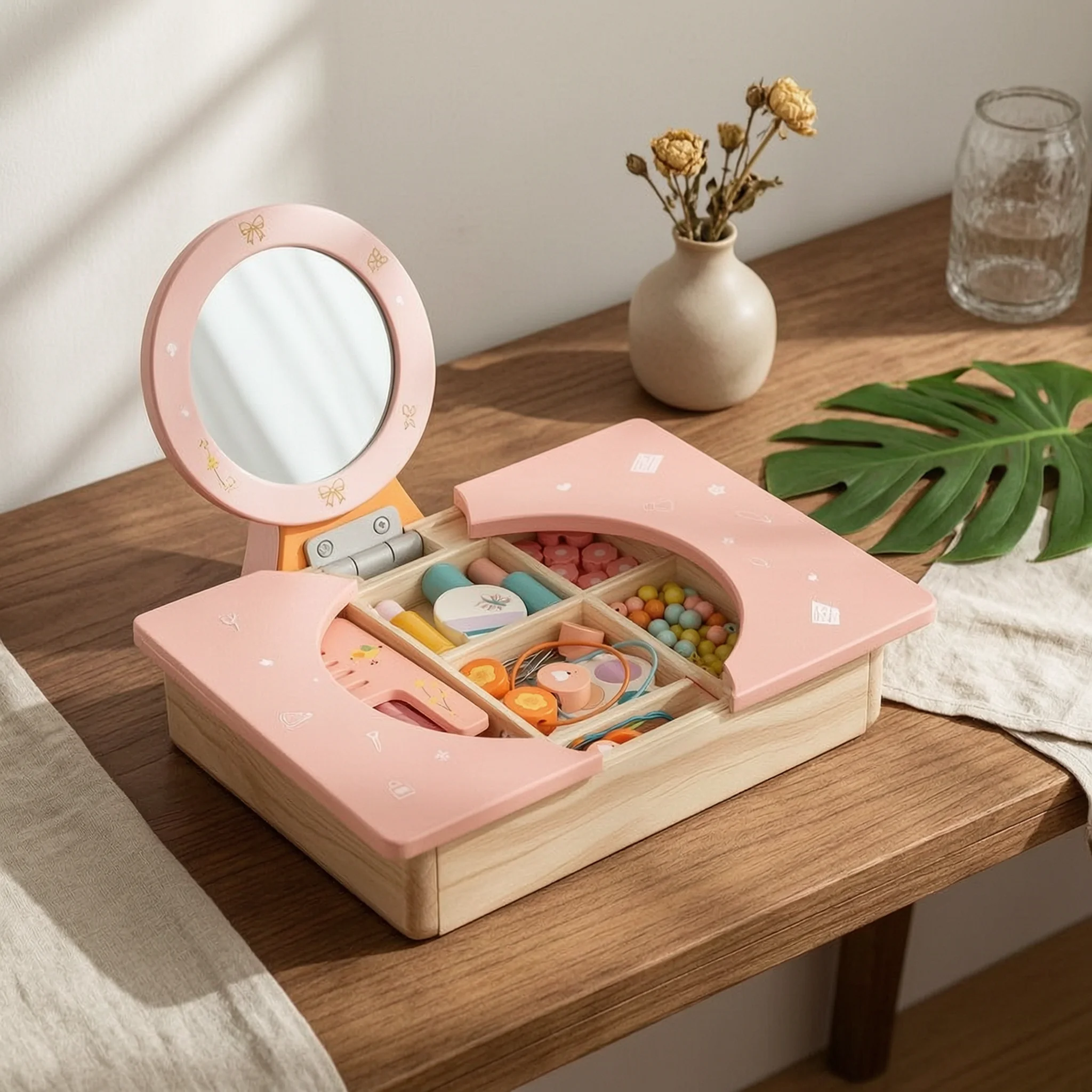 Toy Vanity with Mirror Portable Kids Vanity Set Interactive Stable for Toddlers, Playroom, Bedroom