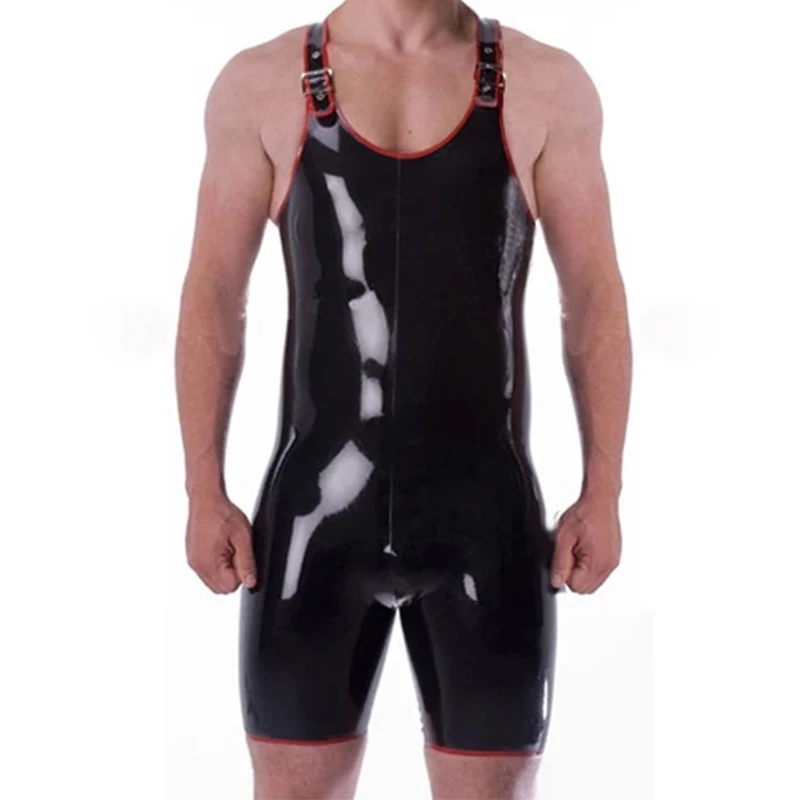 

Latex Rubber Gummi Leotard Unique Jumpsuits Black with Red Trims Cool Rompers Customized .4mm