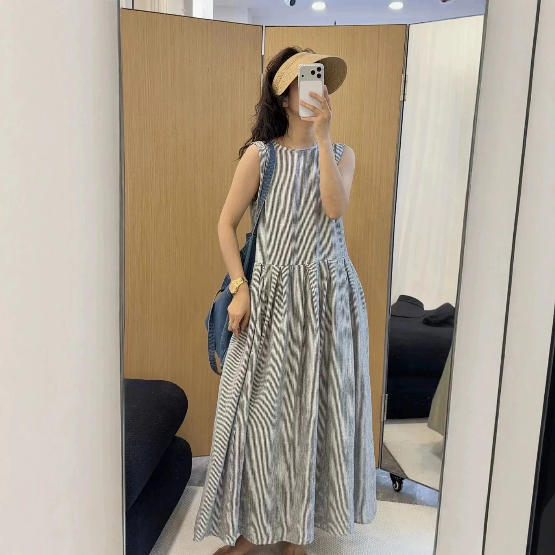 Johnature Linen Striped Sleeveless Dress Summer New Style Retro Loose Fitting Casual Simple Women Dresses