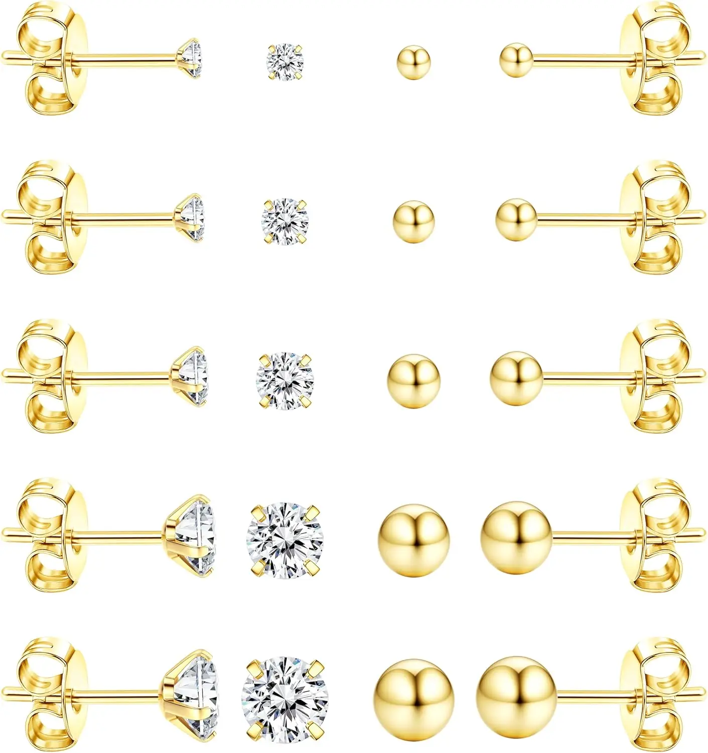 

10 Pairs Earrings for Women Men 316L Surgical Steel Earring Set 14K Gold Stud Earrings Hypoallergenic