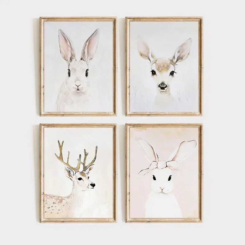 (No frame)Minimalist Wall Art Vintage Soft Tones Rabbit Elephant Deer Poster and Prints Canvas Painting for Living Room Moder