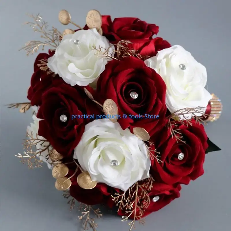 77JB الزفاف باقة زهرة رومانسية باقة الاصطناعية الأبيض والنبيذ زهور الوردة الدعائم الفوتوغرافي للعروس يوم باقات الزفاف العروس #1