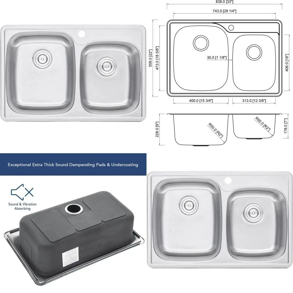 

33 Inch 60/40 Split Bowl Stainless Steel Kitchen Sink with 1 Faucet Hole - Drop-In Style