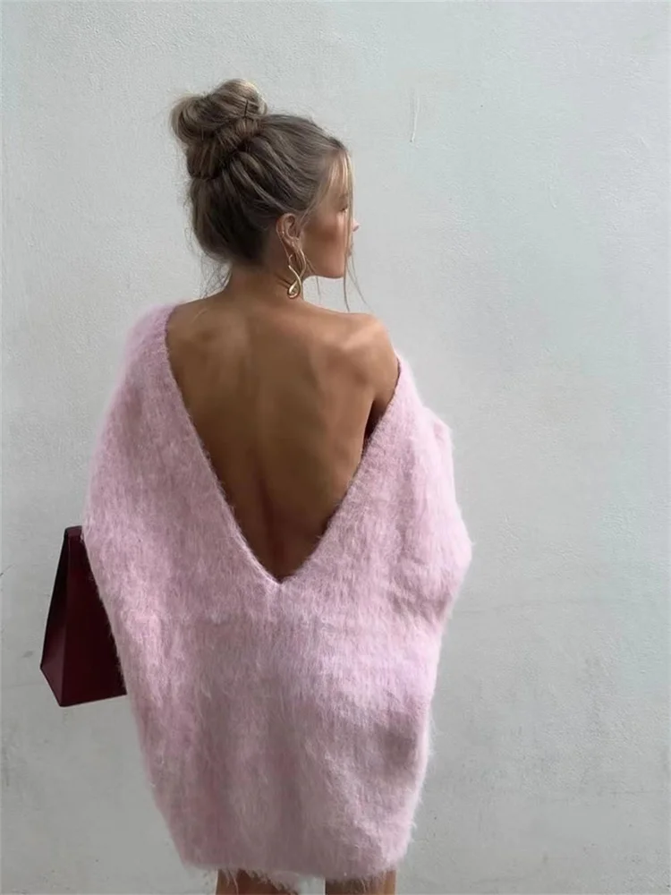 Winter Loose Sweater Women Backless Off Shoulder Solid Fur Long Sleeve Pullover Tops Fashion High Street Female Knitted Jumper