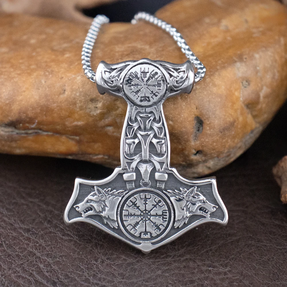 Viking Thor Hammer Pendant for Men Stainless Steel Unique Nordic Raven and Wolf Necklace Amulet Scandinavian Jewelry Accessories