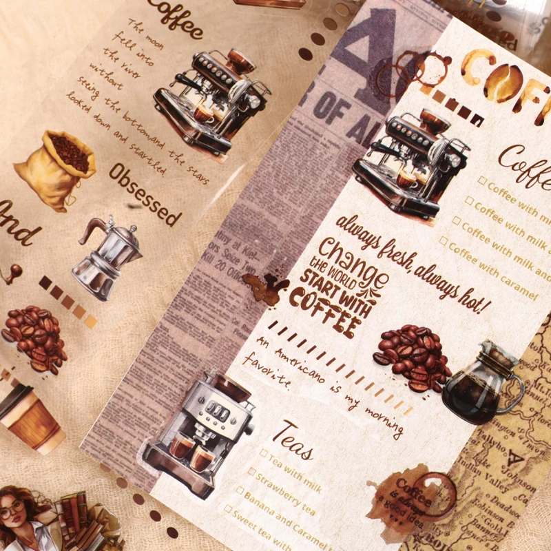 Vintage Coffee Themed PET Washi Tape, Aesthetic Decor for Junk Journals, Notebooks & DIY Art Crafts view 5