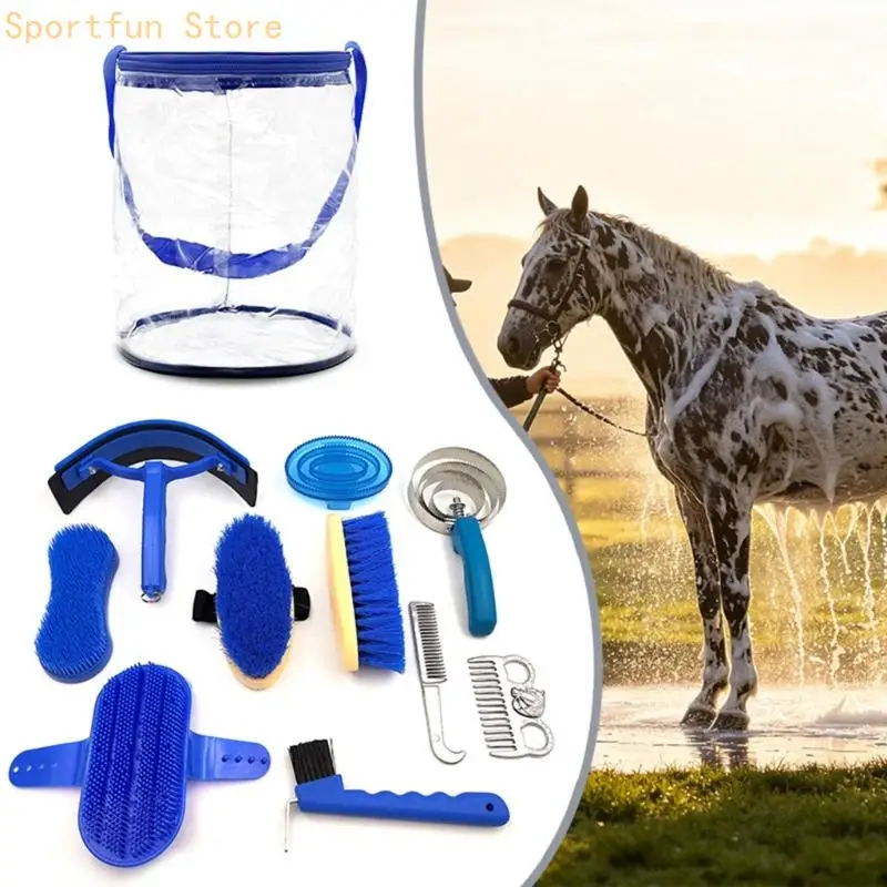 Horse Grooming Set for Coat, Tail, Foot, and Post-Wash Care with Brushes, Metal Grooming Tools, Scraper, and Carry Bag X7JD