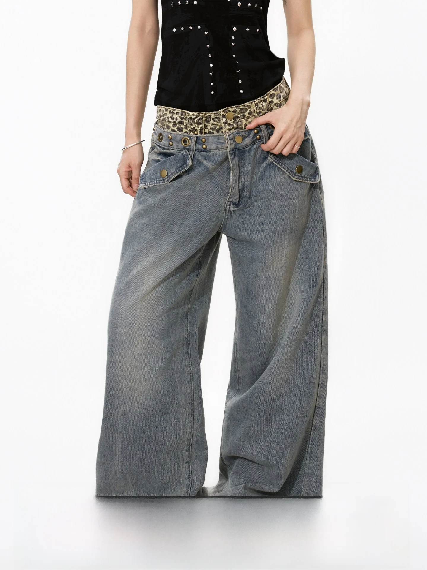 S3T5 Leopard Print Patchwork Wide Leg Jeans Loose Fit Vintage Washed Unisex Straight Leg Trousers Casual Wear All Seasons
