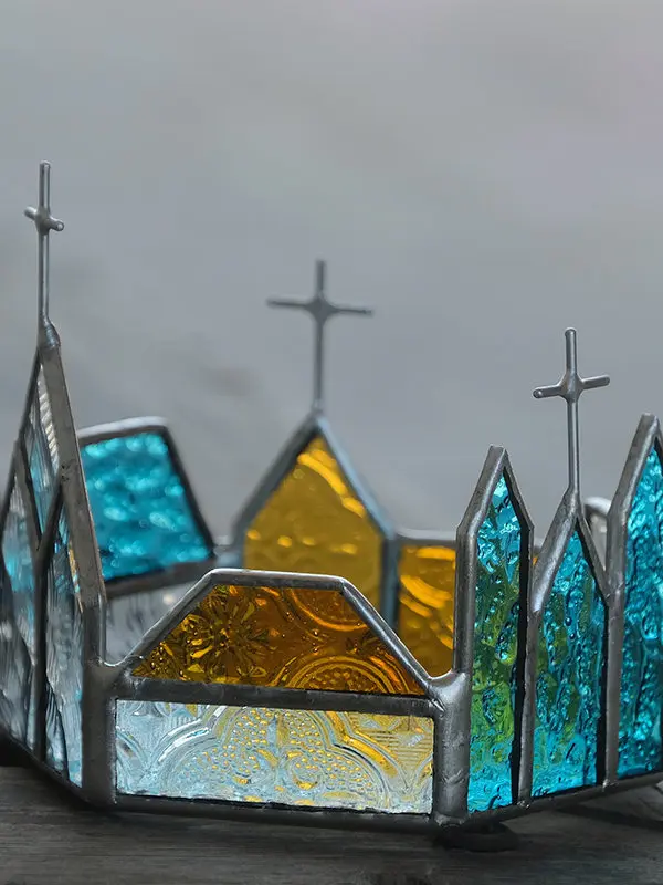 Day and night in the world, handmade stained glass candlestick ornament