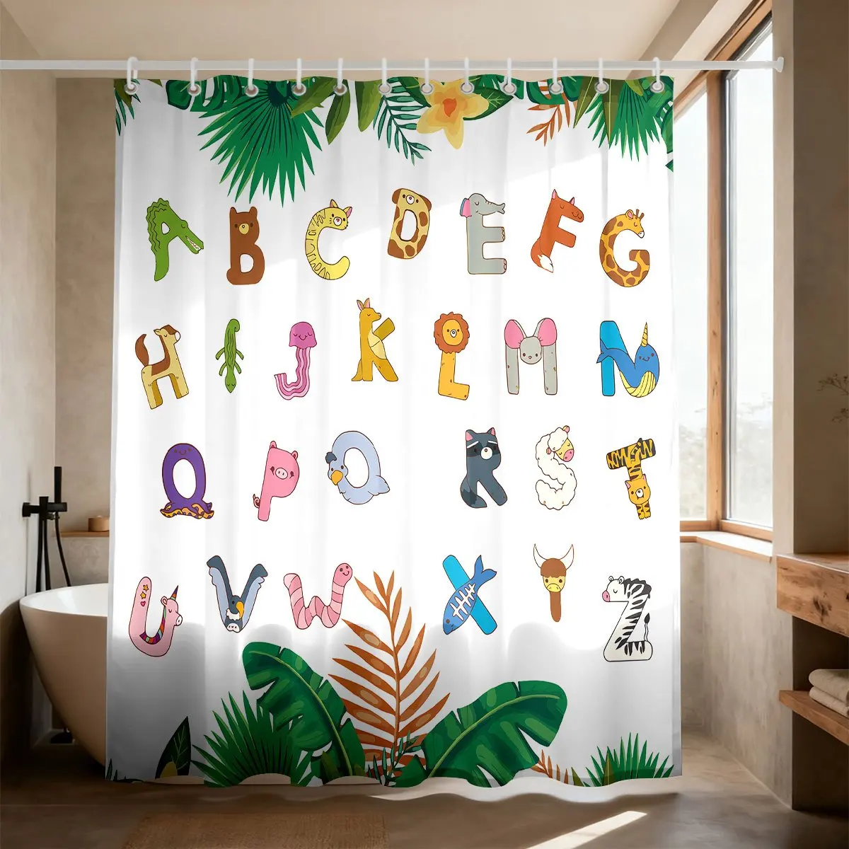 Cute Kids Alphabet Shower Curtain Tropical ABC Jungle Letter Bath Decor Cartoon Waterproof Waterproof Bathroom Curtain Education
