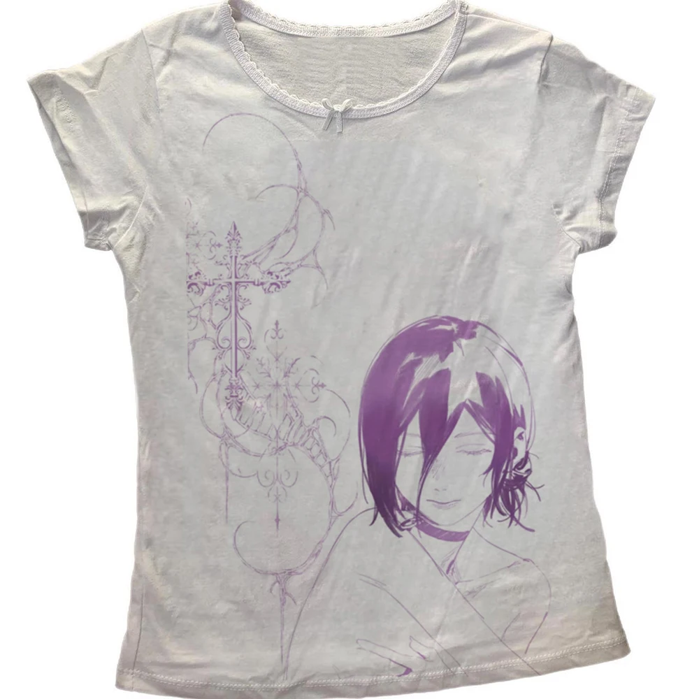 Harajuku Gothic Y2K Women Long Sleeve Tee Purple Sketch Anime Character Cross Print Slim Cropped Tshirt Dark Aesthetic Top