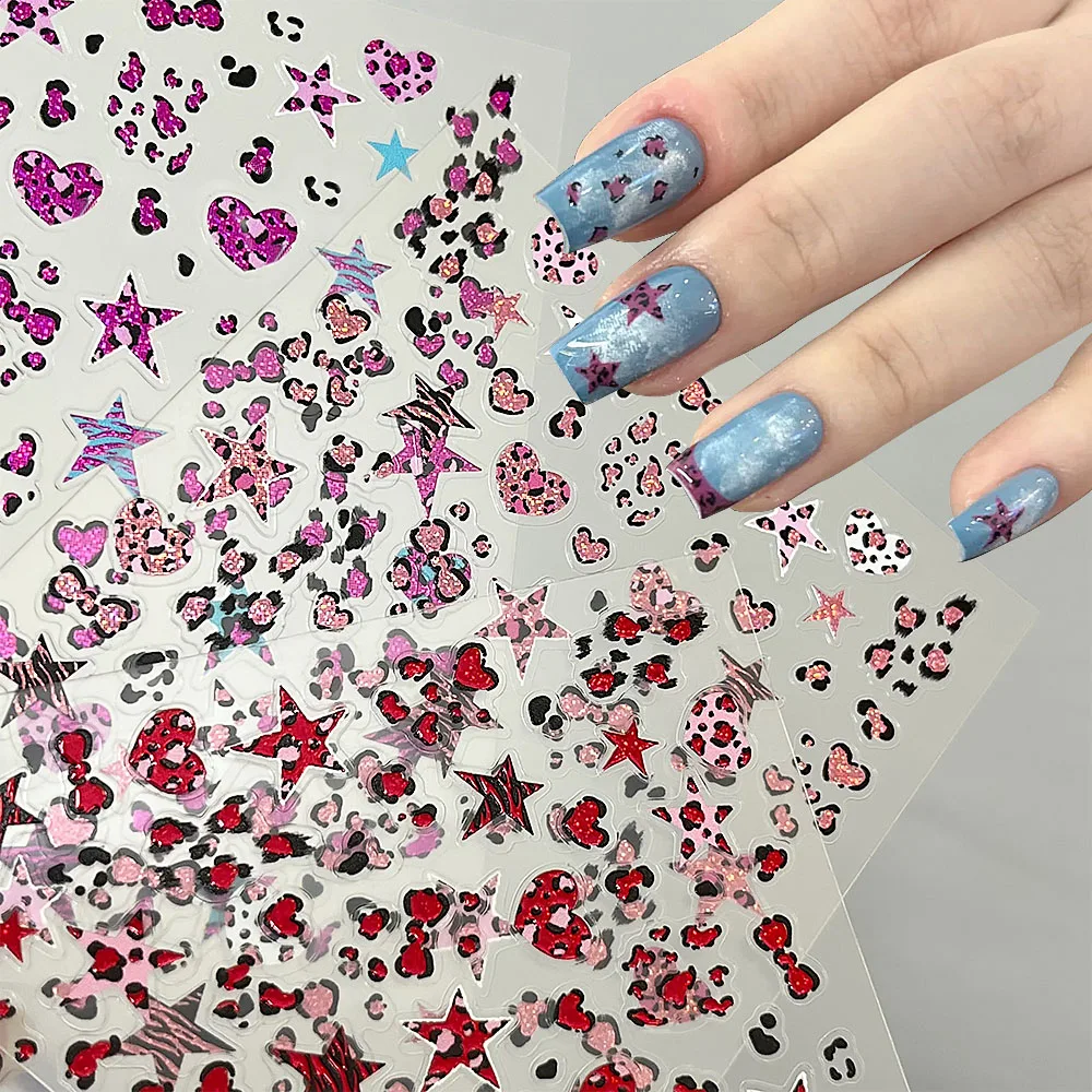 1 foglio di adesivi per unghie con stampa leopardata blu denim glitter stella stella fiocco rosa viola giallo decalcomanie per unghie Y2K Hot Girls punte per unghie Decor