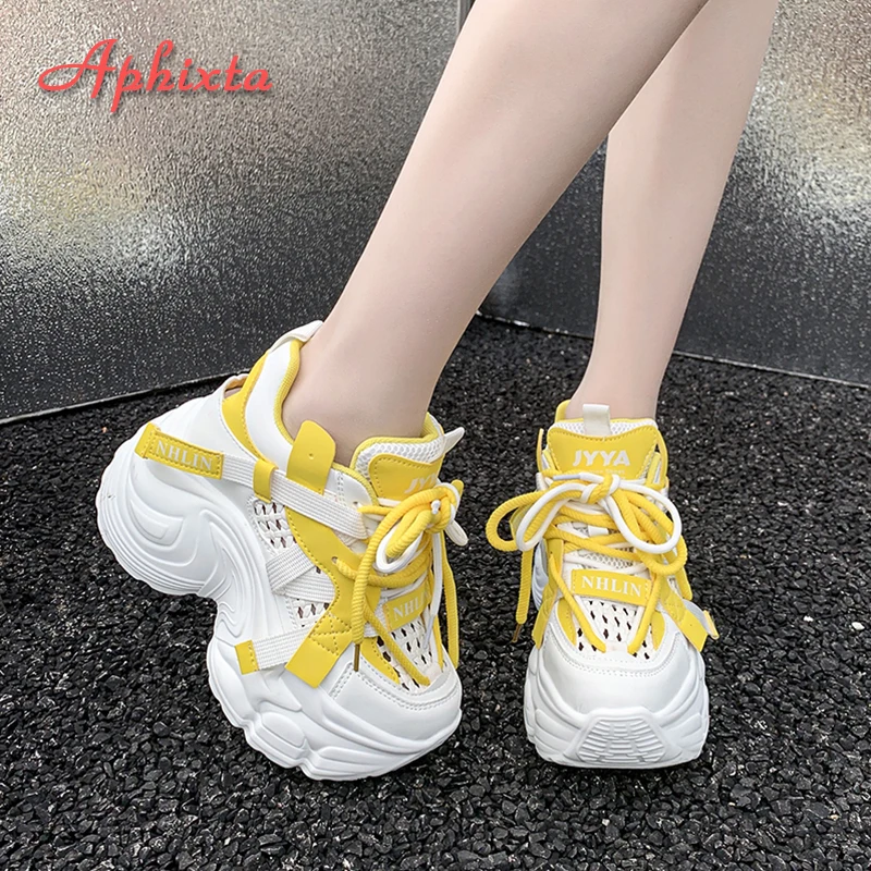 

Aphixta High Quality Breathable Mesh Casual Shoes Yellow Platform Chunky Heel Sneaker Woman Sport Shoes zapatillas de mujer