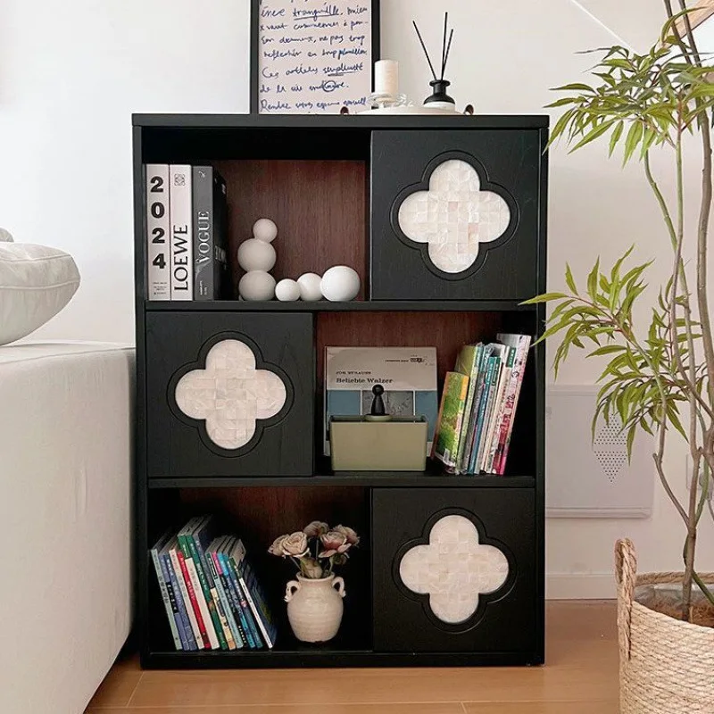 Retro solid wood bookcase magazine furniture narrow TV side vertical  French medieval four-leaf clover display