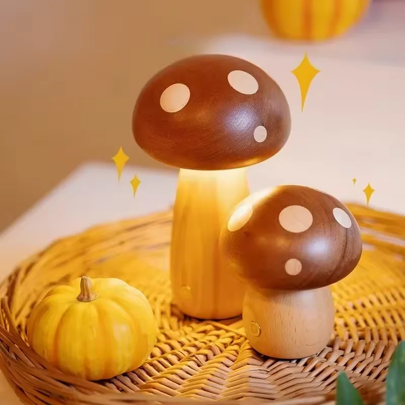 مصباح ليلي على شكل فطر خشبي صديق للبيئة غير مطلي يعمل باللمس يعتم بطارية 900 مللي أمبير في الساعة 3000 كيلو ضوء دافئ بجانب السرير ديكور محيط للأطفال