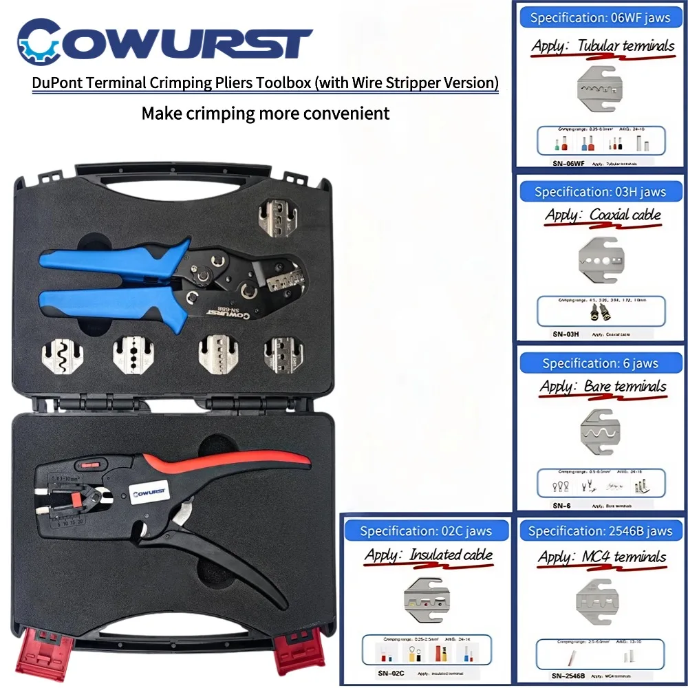 

Портативный набор инструментов для обжима автомобильных клемм, оборудованный пять сменных губок и инструментом для зачистки проводов.