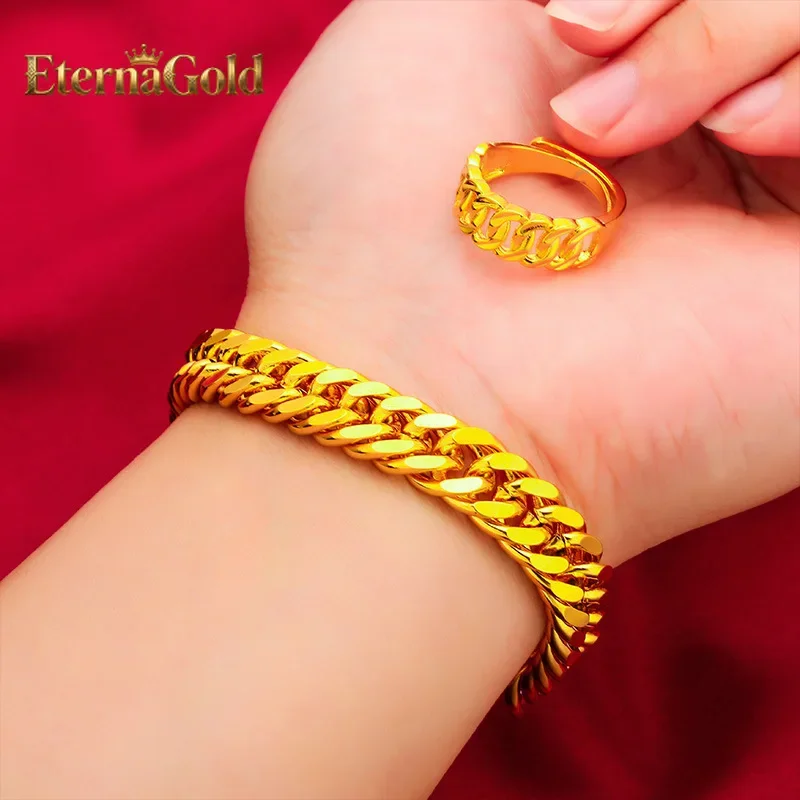 EternaGold  10MM Men's Bracelet, 24K Gold, AU999 | Antique coin engravings with distressed finish, vintage oriental charm.