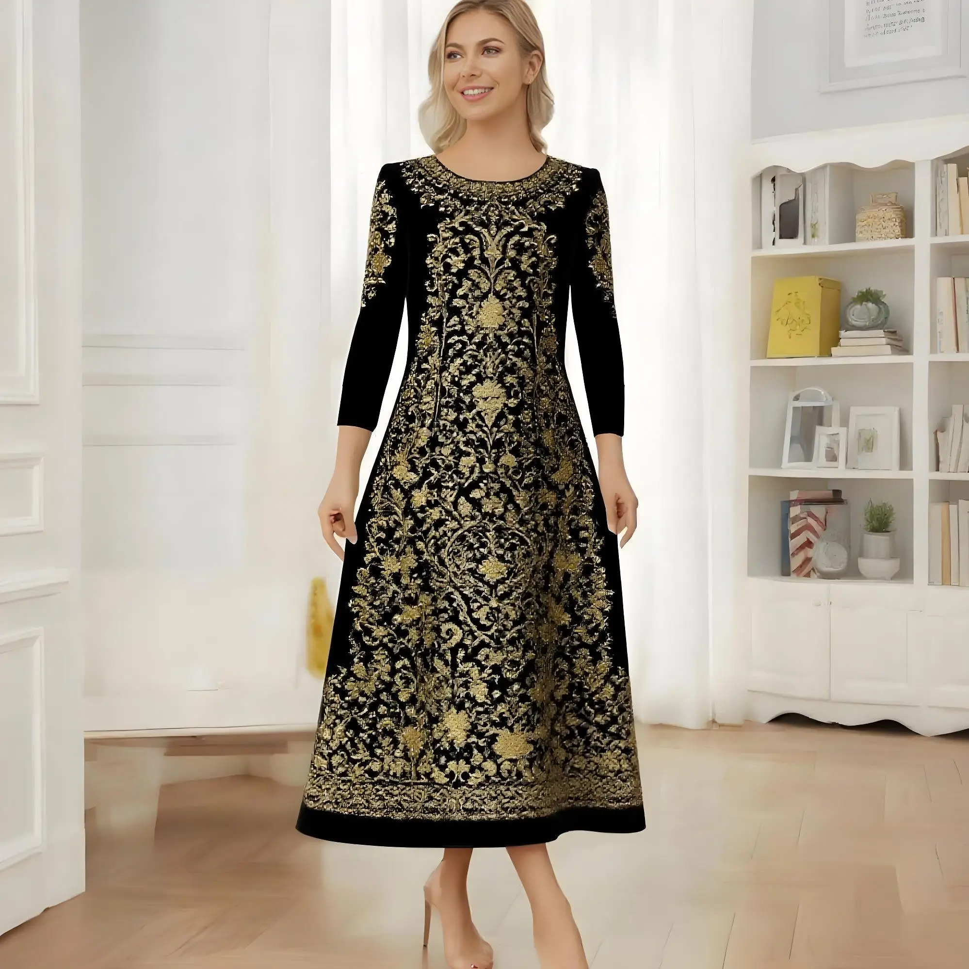 

Vintage Elegant Women's Dresses Autumn Round Neck Long Sleeve Midi Ethnic Floral Print Bohemian Fashion Women's Clothing