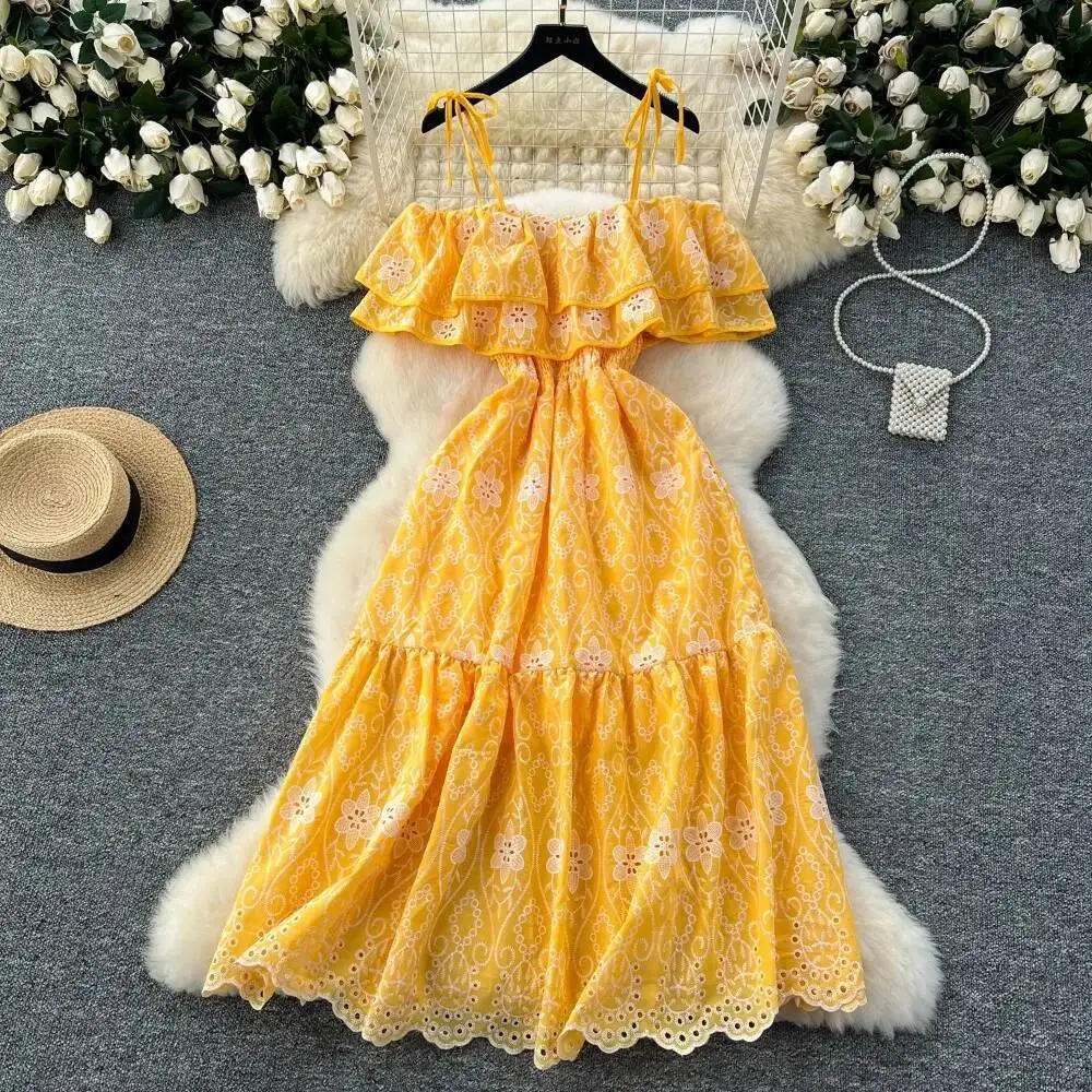 Retro schulterfrei Slip Rüschen ausgeschnitten Stickerei Kleid Strand Urlaub Frauen koreanische Mode Sommer Vestidos Kleider