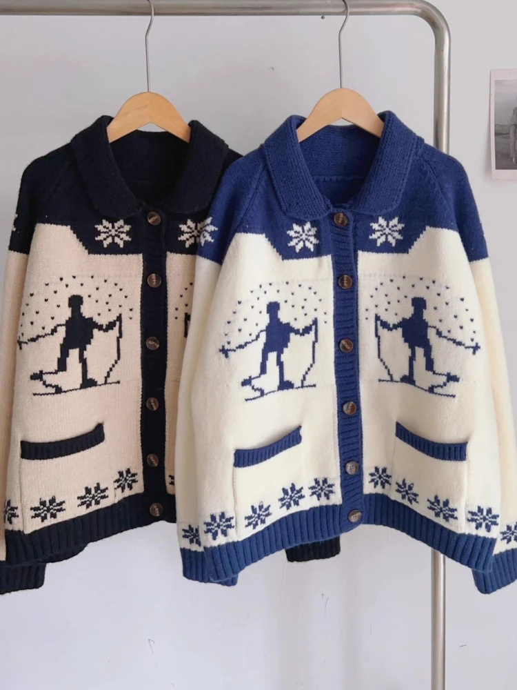 

Korean Vintage Sweaters Contrast Color Single Breasted Pockets Jacquard Knit Tops 2025 New Cardigan All Match Women's Clothing