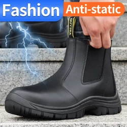 Men's safety shoes anti-static waterproof anti-impact anti-puncture solid outsole two-layer cowhide upper work protective shoes