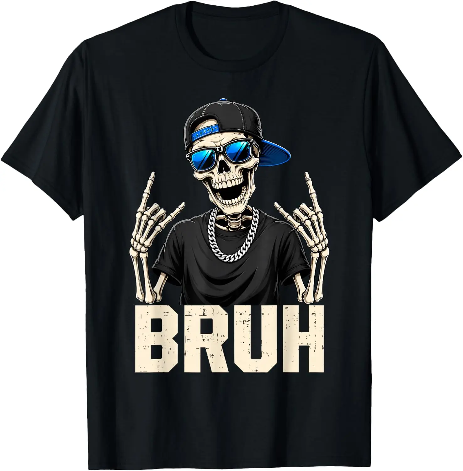 Cool Bruh Skeleton With Cap Rocker Funny Halloween Men Boys T-Shirt Breathable, Stylish Pure Cotton Short-Sleeve Top—Suitable For All-Season Styling.