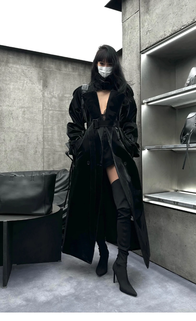Lautaro Spring Autumn Extra Long Oversized Cool Reflective Shiny Black Patent Leather Trench Coat for Women Belt Runway Fashion