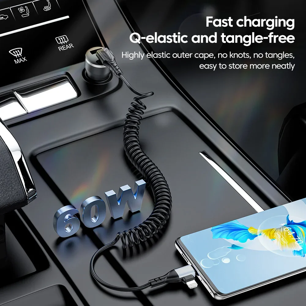 PD 60W Type-c To Type-c 2-in-1 Fast Charging Data Cable USB C Crod for IPhone15 Huawei Car Spring Fast Charger Cable