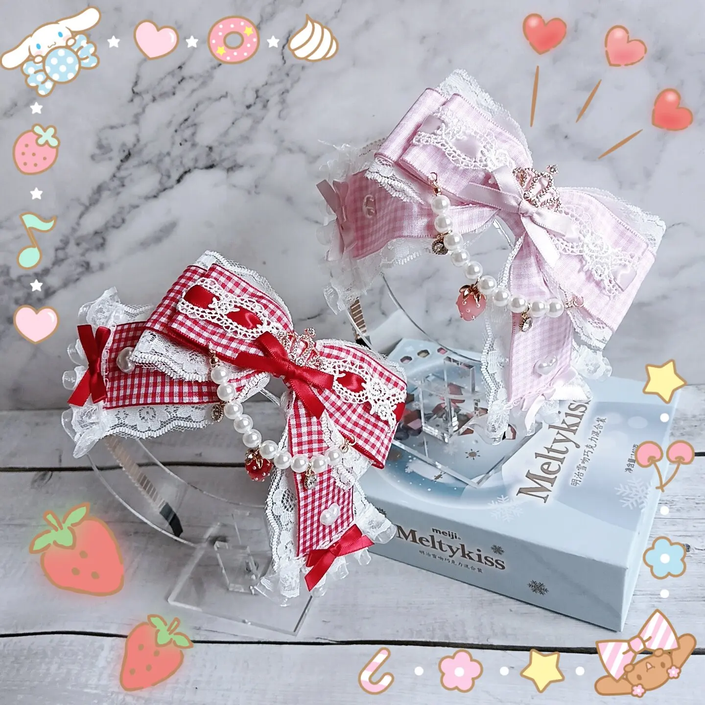 Strawberry Plaid Bow Lolita Hairband Handmade Lace Crown Rhinestone Beaded Headband Y2K Jirai Lolita Hair Hoop for Women