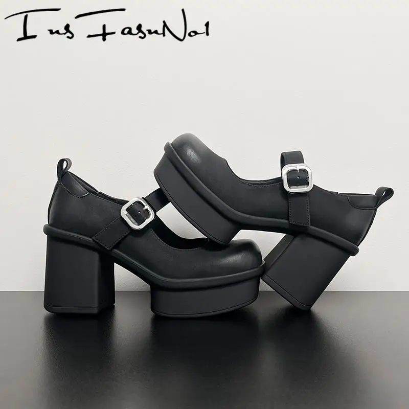 

Genuine Leather Chunky Heel Platform Women Single Shoes All Match Casual Belt Buckle Mary Janes Female Square Toe Pumps Outdoor
