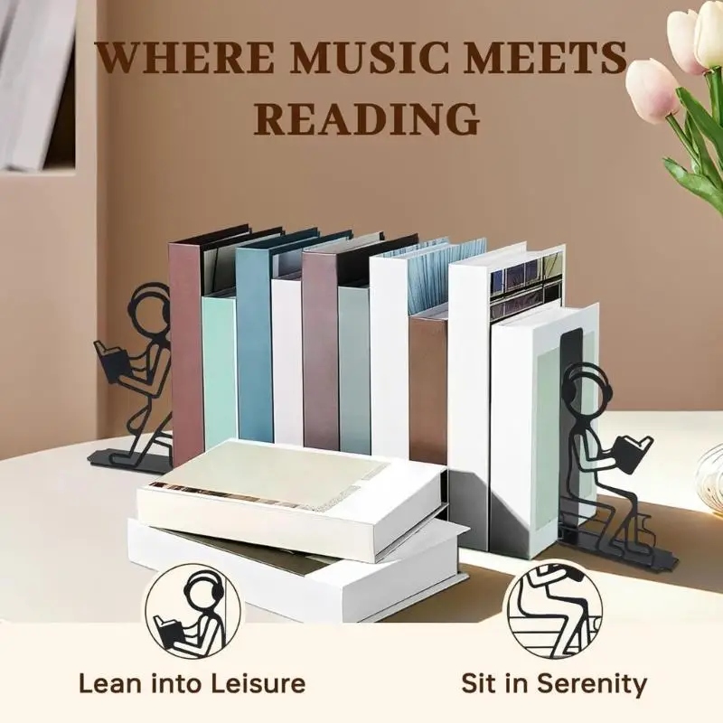 31BA Metal Bookends Pair with Character Outline Design for Desk Storage