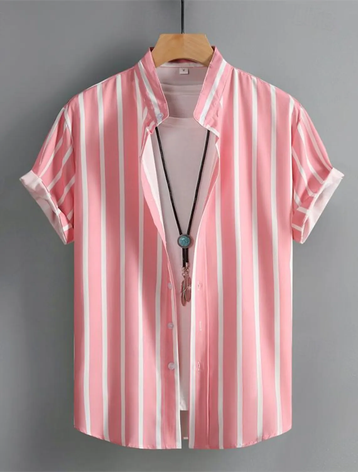 Men\'s Shirt Button Up Shirt Casual Shirt Summer Shirt Beach Shirt Short Sleeve Striped Band Collar Hawaiian Clothing Fashion