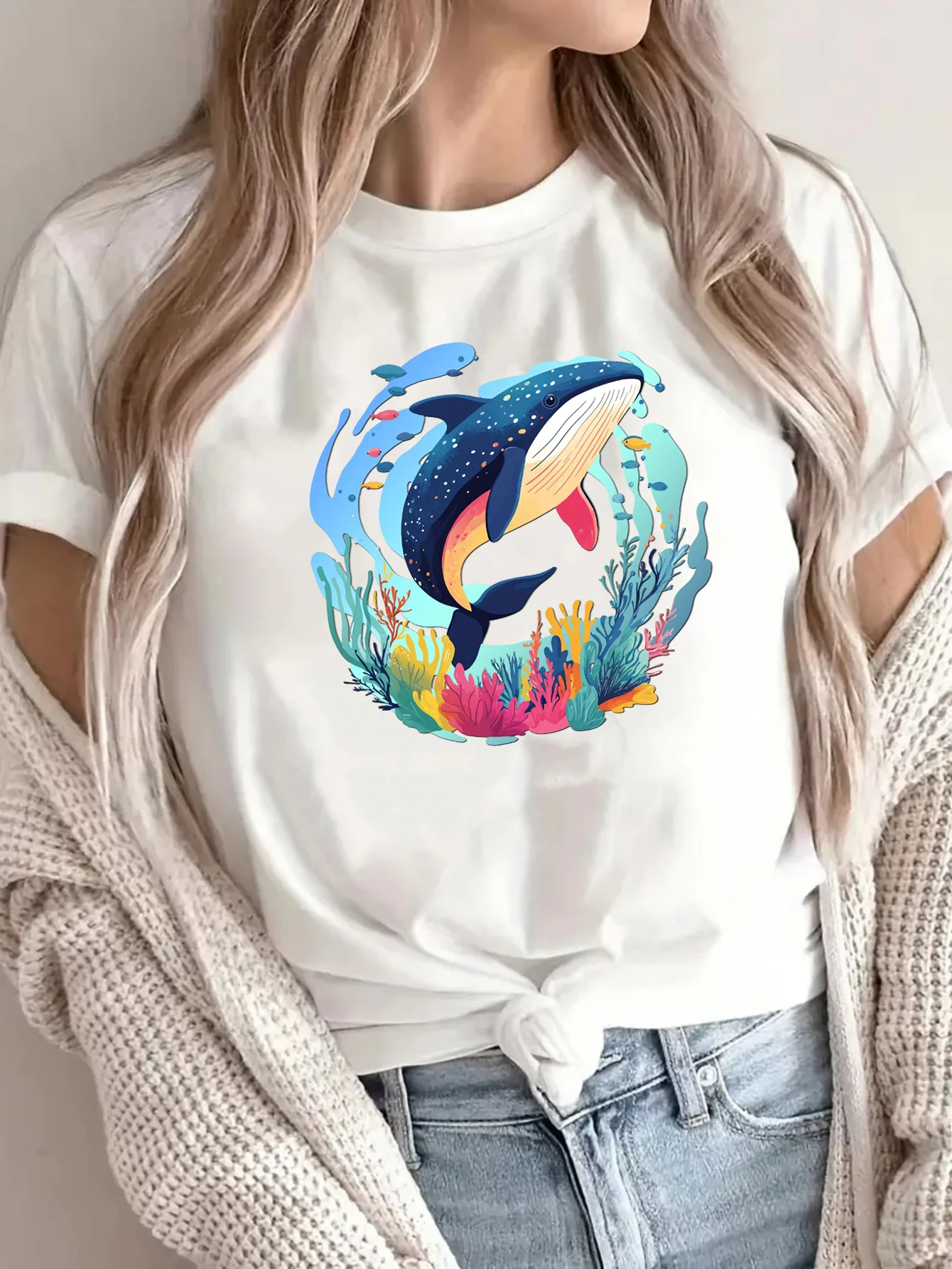 Whale shirt retro marine animal killer whale print women's T-shirt white/black/gray women's T-shirt summer women's beach Tshirt