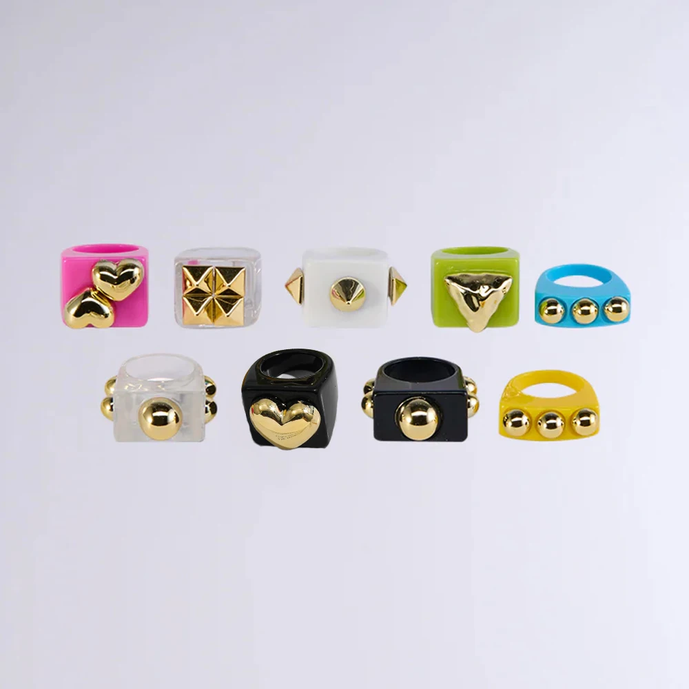 9Pcs Statement Large Square Ring Set Wedding for Women Wholesale 2025 Punk Geometric Heart Resin Finger Rings Trend Decoration