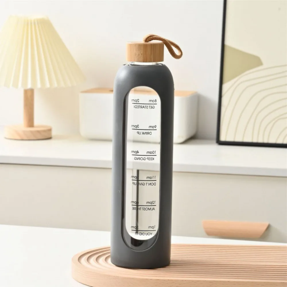 New Time-marked Glass Water Bottles Bamboo Lid Sport Silicone Sleeve Drink Bottle Free of Lead Sports Water Cup