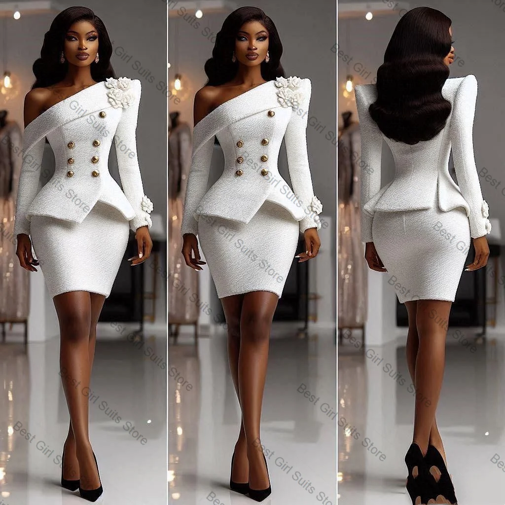 

White Women Suit Skirt Set 2 Piece Blazer+Short Mini Prom Dress 3D Flower Formal Office Lady Jacket Customized Prom Wedding Coat