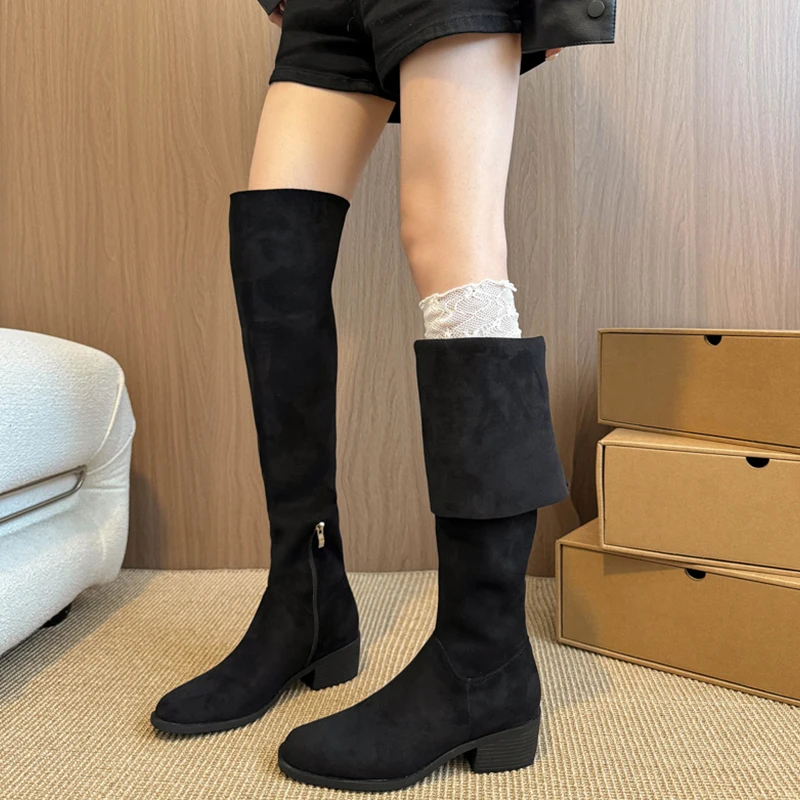 우아하고 섹시한 하이 부츠 여성 신발, 니하이 부츠 겨울 패션 레트로 여성 펌프스 2025 트렌드 오토바이 부츠