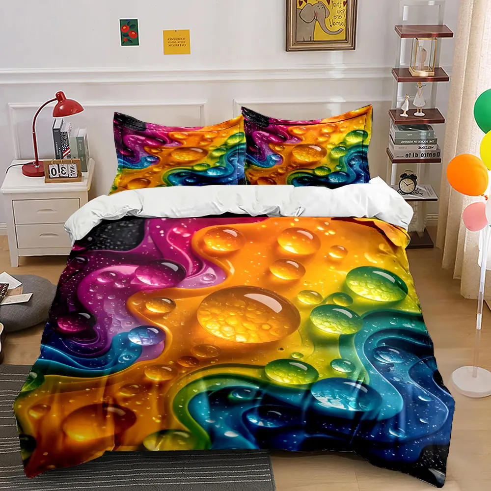 

Rainbow droplets and flowing colors Print Bedding Set 1 Duvet Cover 2 Pillowcases for Adult and Children Luxury Gift Full Size