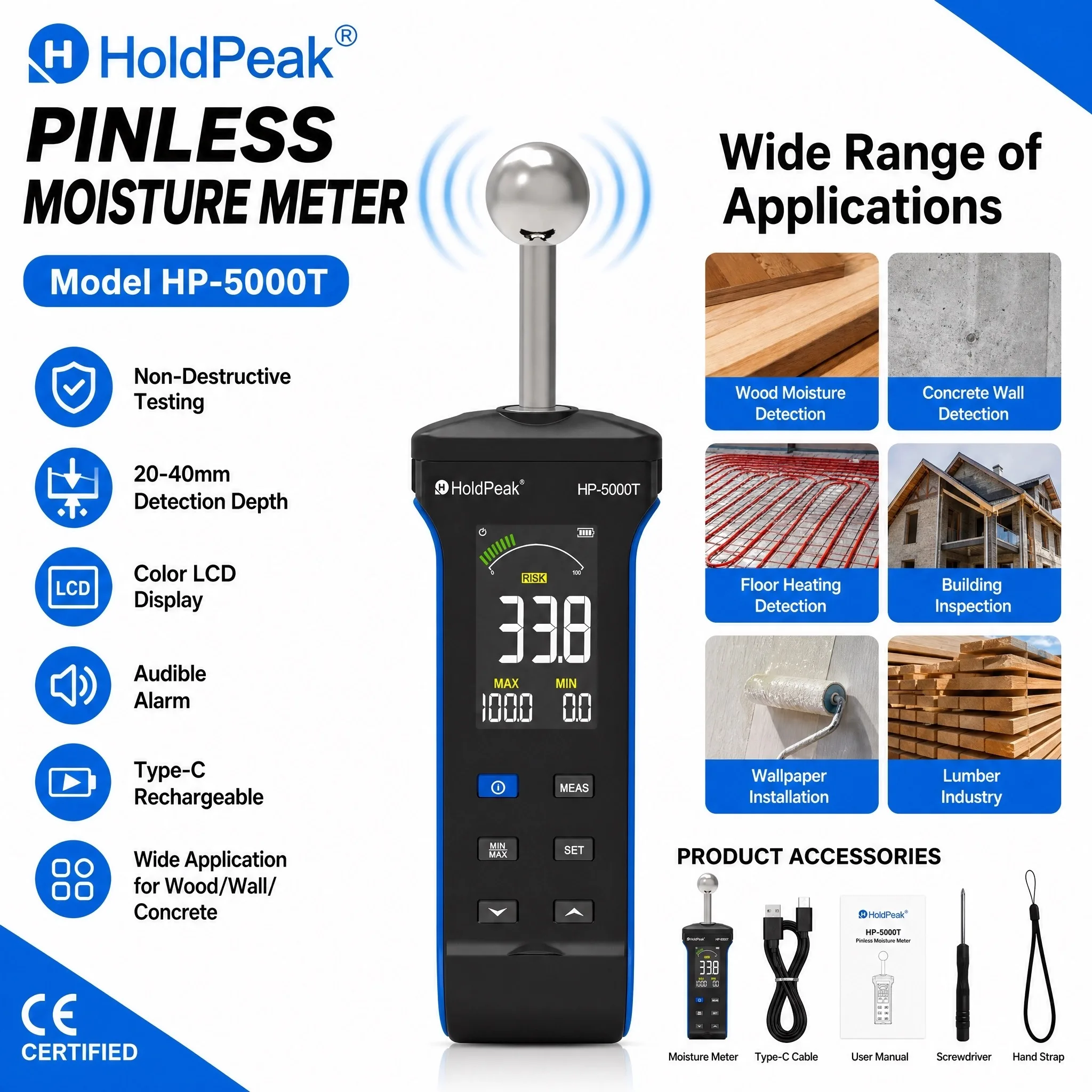 HoldPeak 5000T Pinless Moisture Meter Non-Destructive 0-100 Color LCD 3-Color LED Alarm 20-40mm Depth for Wood Concrete