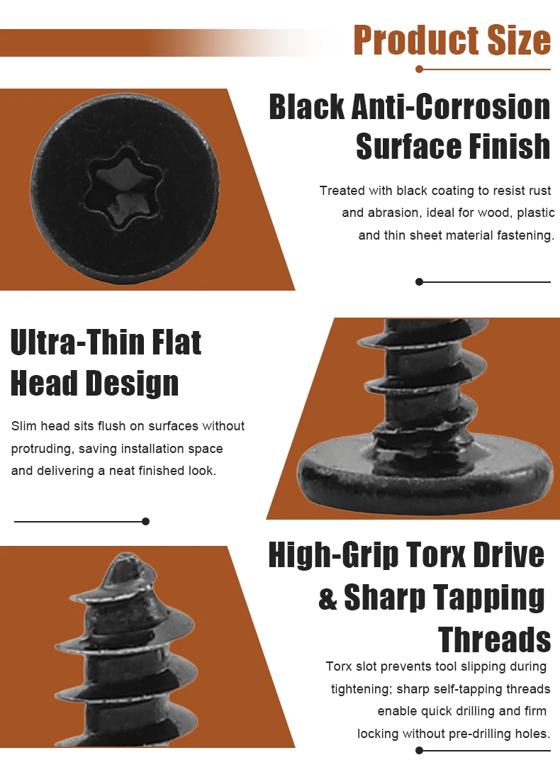Black 304 Stainless Steel Torx Ultra Thin Super Low Flat Head Sheet Metal Self Tapping Screws M2 M3 M4 Six-Lobe Star Drive Screw