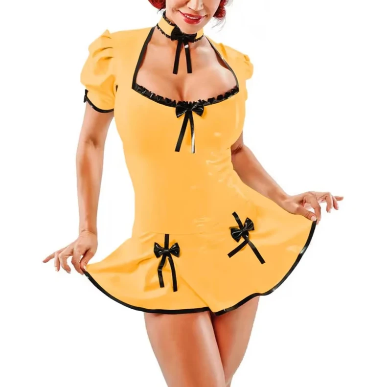 

Plus Size Women Fashion Casual Dress Lace Hems Square Neck Short Puff Sleeve A-line Mini Dress Bowtie Trims Dress
