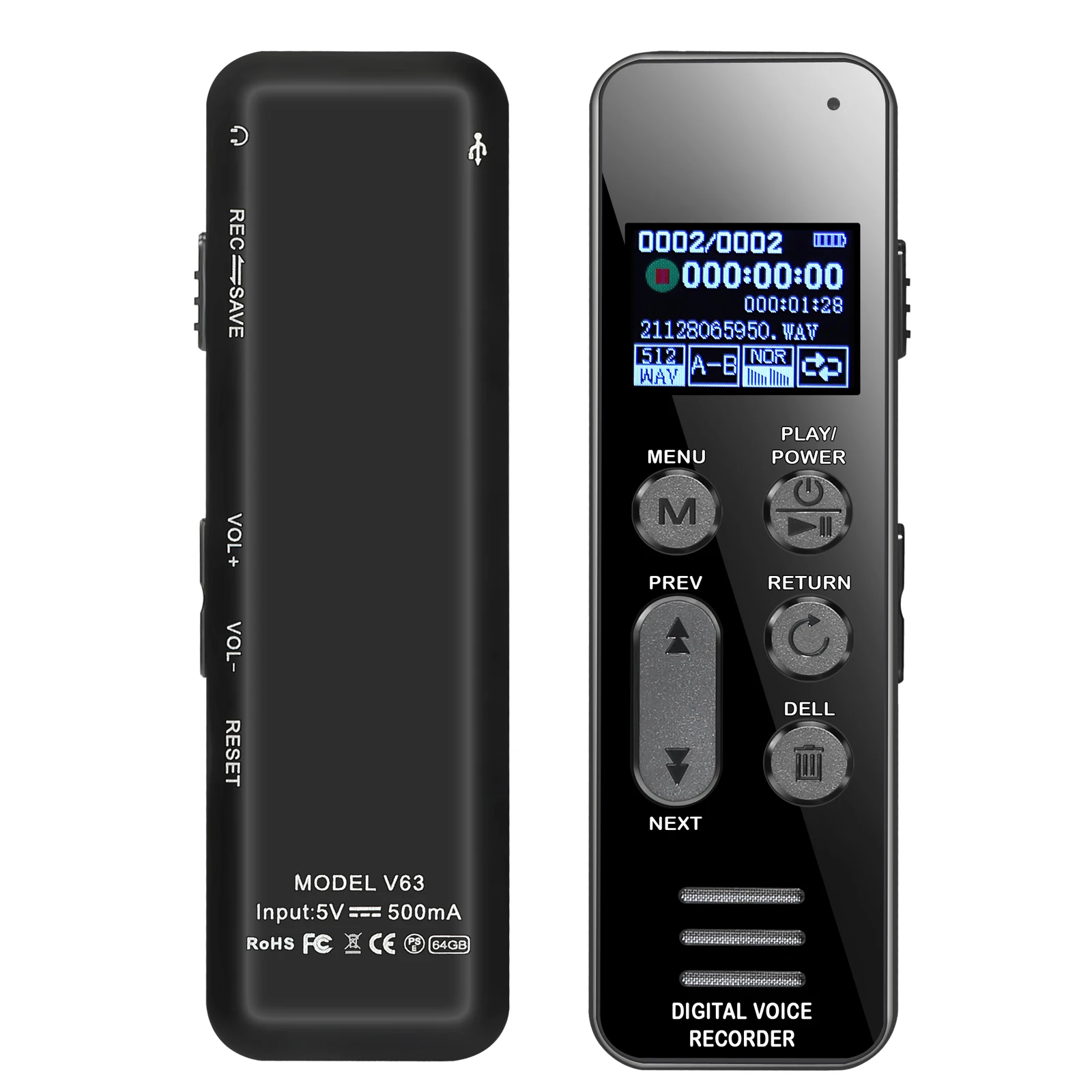 

Vandlion V63, голосовая активация, воспроизведение шума, WAV, 3072 кбит/с, Hi-Fi запись, запись одной кнопкой, простота в эксплуатации, большой аккумулятор 1050 мАч