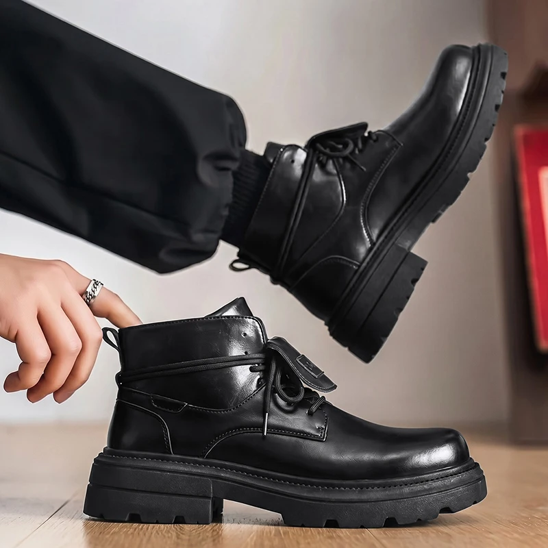 Men Black Leather Ankle Boots Lace Up Thick Lug Sole Square Toe Heightening Casual Fashion Outdoor Platform Short Boots