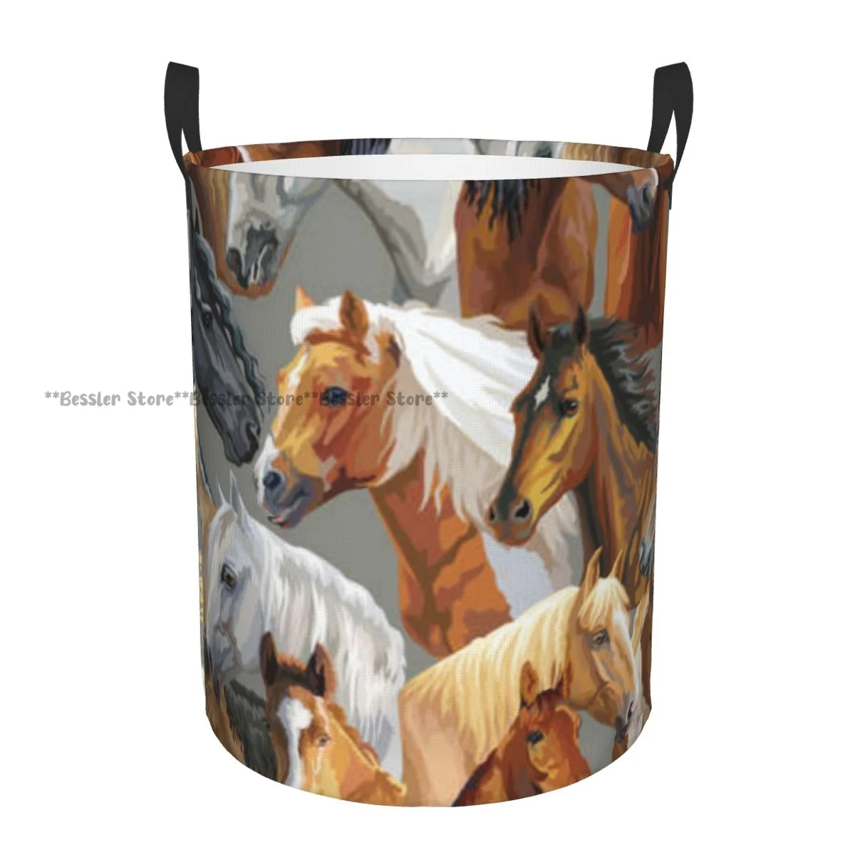 Foldable Laundry Basket for Dirty Clothes Colorful Portraits Of Horses Breeds Storage Hamper