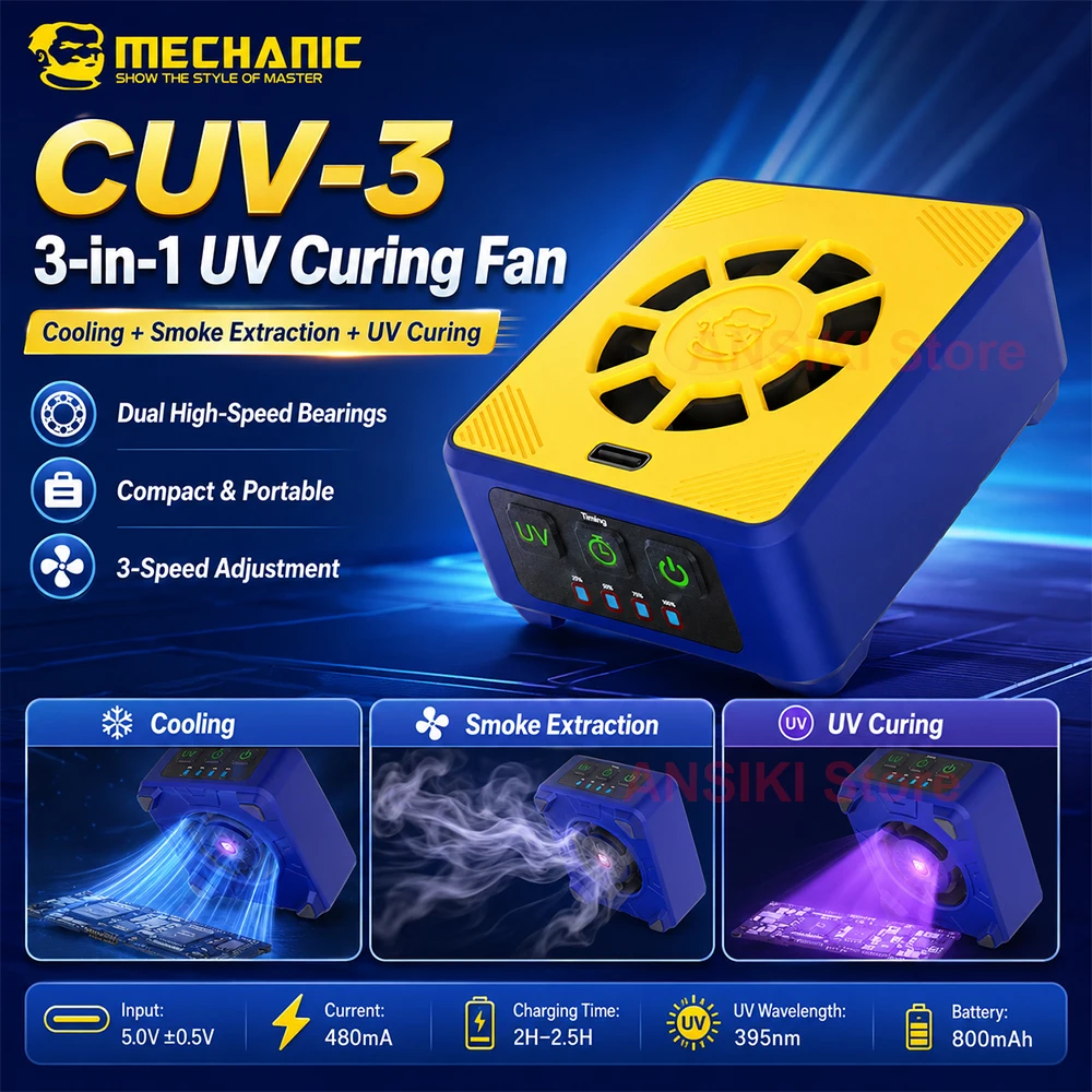 

MECHANIC CUV-3 UV Curing Fan 3S Fast Cooling Motherboard Heat Dissipation Soldering Smoke Exhaust Tool