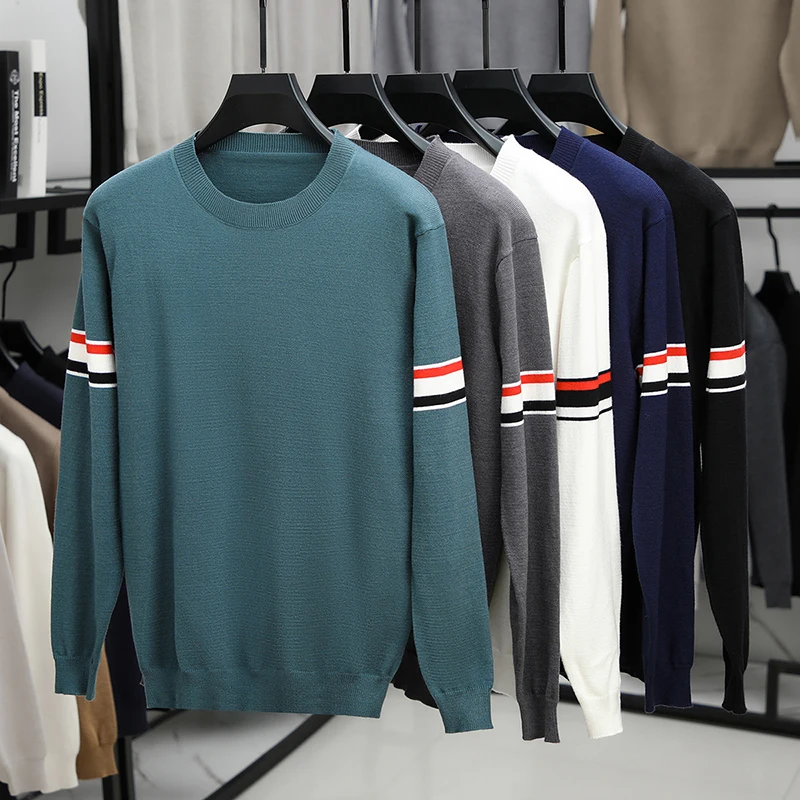 

Свитер мужской осенний новый вязаный свитер с круглым вырезом и длинными рукавами, повседневный тонкий дизайн с теплым нижним слоем для осенней одежды