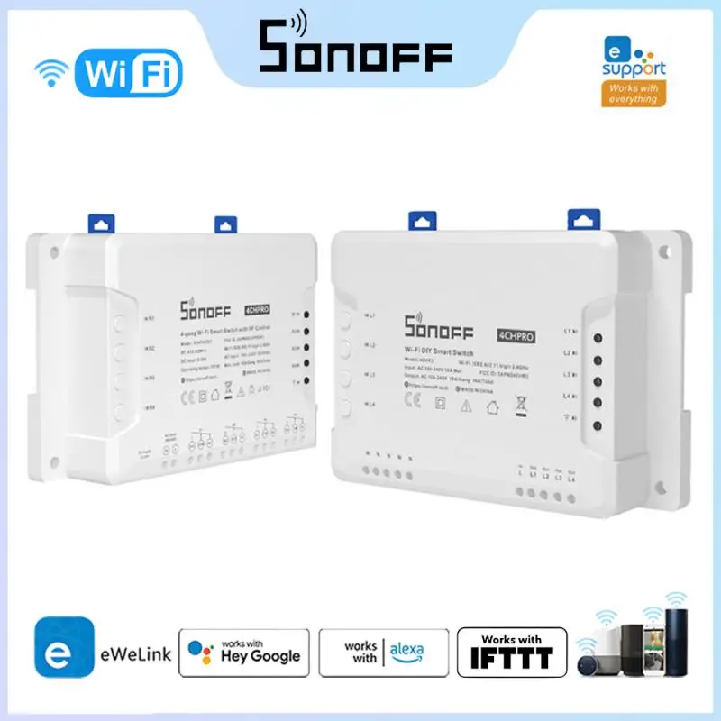 

Умный выключатель SONOFF 4CH Pro R3 Wi-Fi, 10 А/комплект, 4 канала, 433 МГц, Радиочастотный пульт дистанционного управления, беспроводные переключатели света с поддержкой Alexa Google Alice