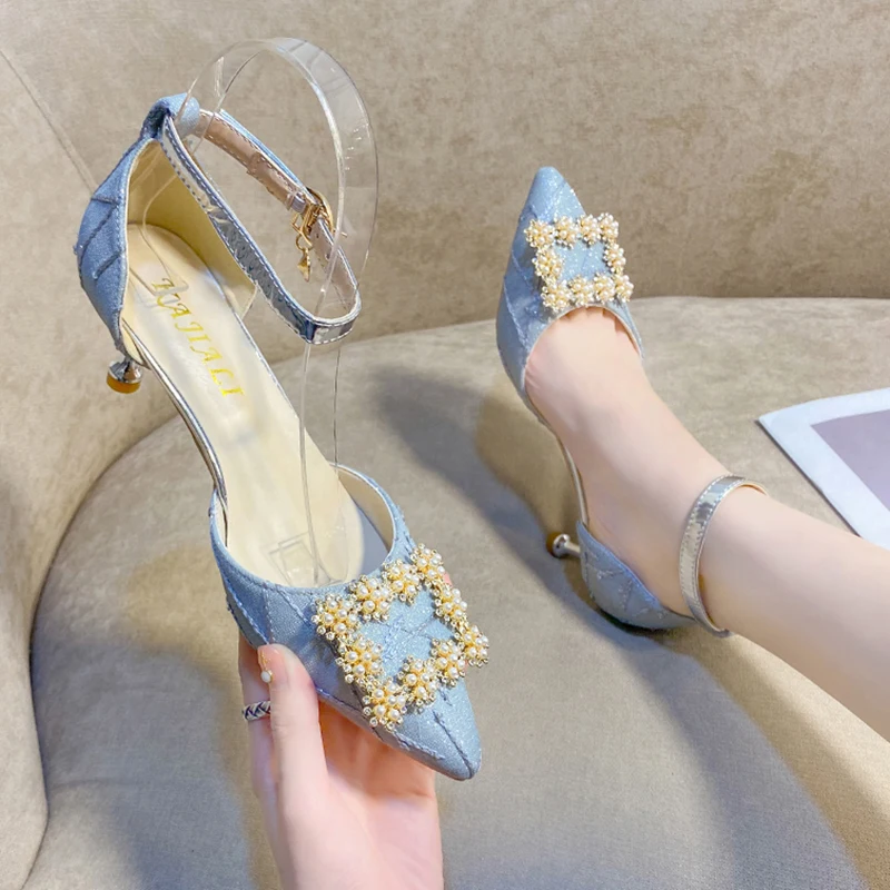 Rimocy Bling Crystal Thin Heels Pumps Women Pointed Toe Ankle Strap Med Heel Party Shoes Woman Elegant Pearl High Heels Shoes