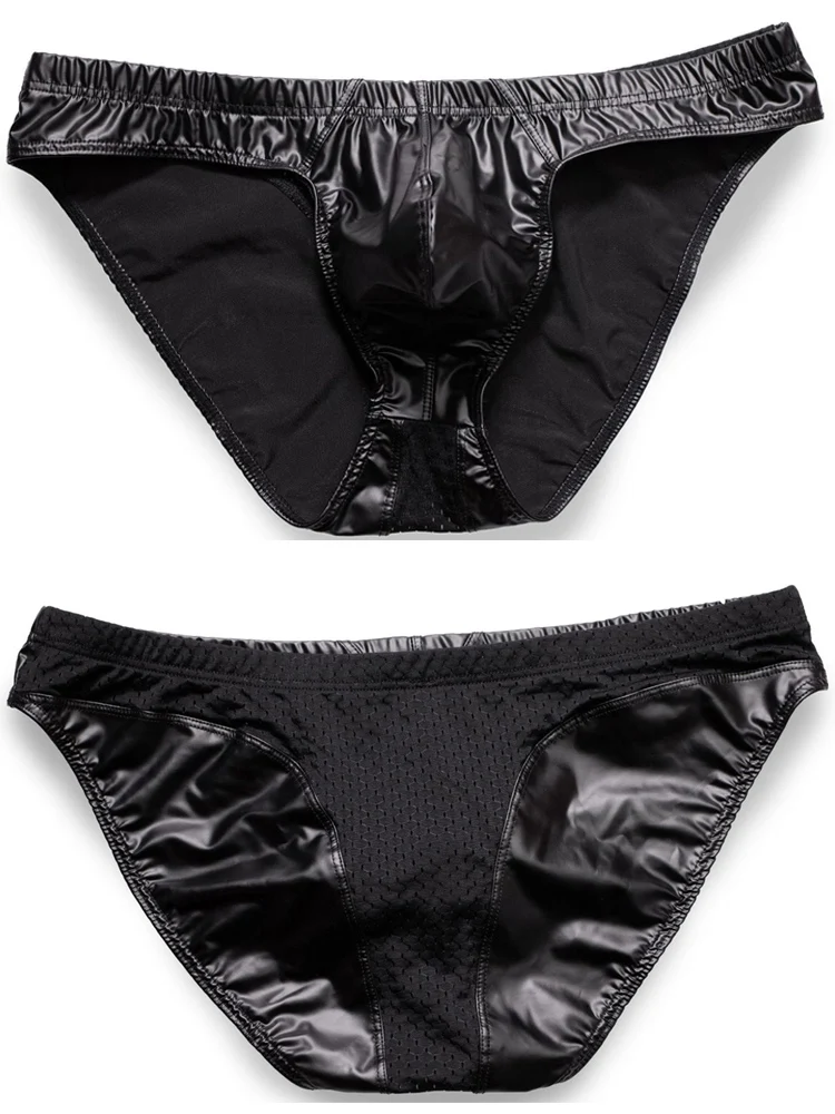 

M-XXL Mesh Patchwork PU Leather Low Waist Convex Pouch Men Bikini Briefs Jockstrap Swimming Trunks Calzoncillos Slips Underwear