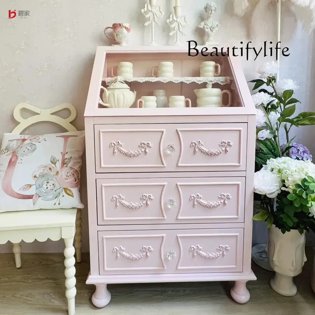 R French Glass Surface Solid Wood Dining Side Cabinet Girl Heart Storage Locker Makeup Jewelry Display Cabinet